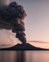 Volcanic Eruption with Smoke and Ash Over Calm Waters at Dusk photo