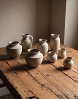 A table with several vases and bowls on it photo