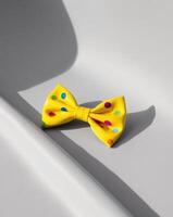 A yellow bow tie with polka dots on it photo