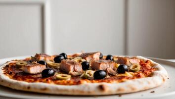 Indulging in a Seafood Pizza Special With Tuna and Olives on Crispy Crust photo