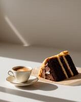 a cup of espresso next to a slice of rich chocolate cake or a buttery pastry photo