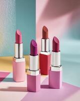 Four vibrant lipstick shades displayed with soft lighting on a colorful background photo