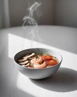 shrimp soup with mushrooms and tomatoes in a bowl photo