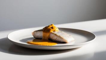 A piece of fish with a sauce on top of it photo