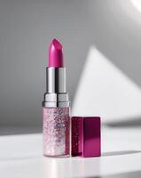 Sparkling pink lipstick with shimmering glitter on shiny surface photo