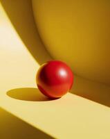Playful red ball rests on bright yellow background with sharp shadows photo