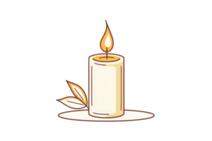 A lit candle with a subtle flame beside a green leaf, symbolizing warmth and tranquility. png