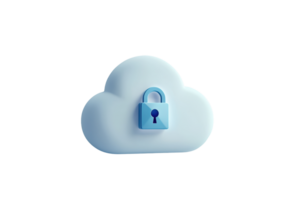 3D illustration of a blue cloud with a lock symbolizing secure cloud storage, data protection, and cybersecurity concepts. png