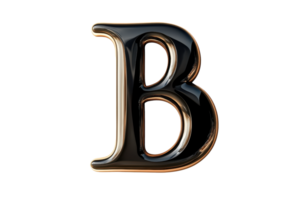 3D glossy black letter B with silver edges on a transparent background, perfect for design projects, branding, or typography work. png