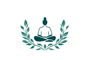 A silhouette of a meditative figure, seated in a cross-legged position, framed by a decorative laurel design. png