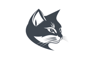 A sleek silhouette of a cat's face, showcasing prominent features like its ears, eyes, and whiskers. png