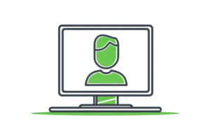 A green figure appears on a computer screen, representing a digital persona or user in a virtual environment. png