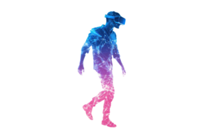 A person wearing a virtual reality headset walks, immersed in a colorful visual effect, embodying the fusion of technology and human experience. png