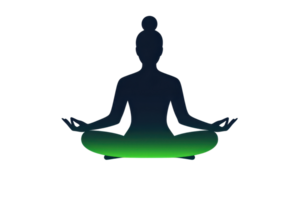 A silhouette of a person meditating in a cross-legged pose, emanating a calming green glow. png