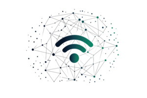 A stylized Wi-Fi symbol featuring curved lines and a central dot, representing wireless connectivity and network access. png