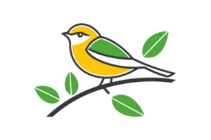 A colorful bird perched on a branch, showcasing vibrant yellow and green feathers with leaves surrounding it. png