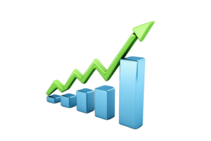 A 3D bar graph with an upward green arrow, symbolizing growth and success in business and finance. Ideal for corporate presentations. png