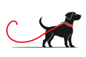 A silhouette of a black dog wearing a red collar and leash, standing upright with an alert posture. png
