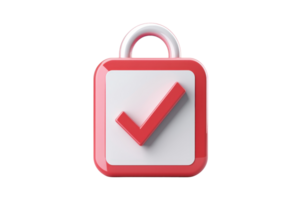 3D icon of a red checkmark on a white square padlock, symbolizing security and approval. Ideal for concept designs on trust and protection. png