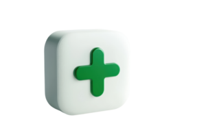 3D render of a green plus sign on a white rounded square background. Isolated on white, symbolizing health, medicine, and positivity. png