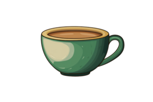 A green ceramic cup filled with brown liquid, designed with a smooth finish and accompanied by a rounded handle. png