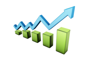 3D bar graph with rising arrow, symbolizing growth and success in business, finance, and analytics. png