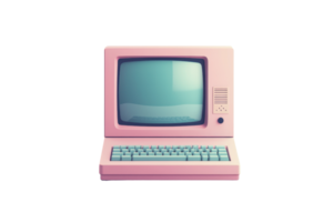 A retro pink desktop computer with a teal keyboard and a large screen. png