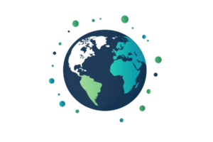 A stylized depiction of Earth, featuring continents and a colorful aura of circles surrounding it. png