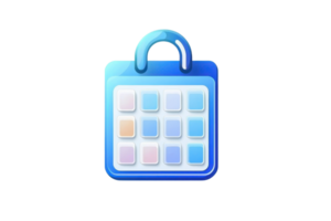 A blue calendar icon featuring a grid layout and a padlock symbol, representing secure scheduling. png