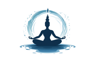 A serene silhouette of a meditating figure surrounded by flowing water and a circular design, representing tranquility and mindfulness. png