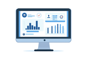 A modern computer monitor displaying various data charts and metrics. png
