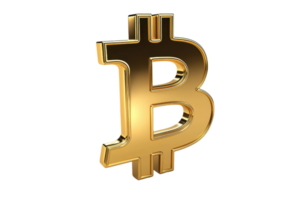 3D rendering of a gold Bitcoin symbol, representing cryptocurrency, digital finance, and blockchain technology in a modern economy. png