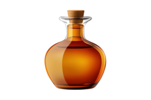 A sleek, curvaceous glass decanter filled with amber liquid, topped with a cork stopper, showcasing elegant design and rich color. png