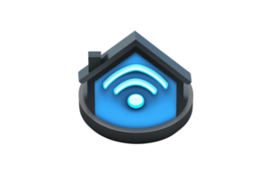 3D icon representing smart home connectivity with Wi-Fi symbol inside a house structure, illustrating modern technology and wireless communication. png