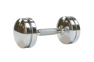 A shiny, metallic dumbbell with textured grip and round weights on either end, designed for strength training. png