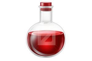 A clear round-bottom flask filled with a deep red liquid, symbolizing chemistry in the laboratory environment on a transparent background. png