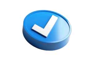 3D blue check mark icon on a transparent background. Symbol of confirmation, approval, or completion in digital contexts. png