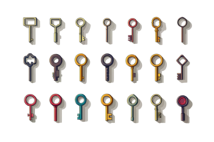 A collection of colorful vintage keys arranged in rows, showcasing unique shapes and designs, perfect for decor or illustrations. png