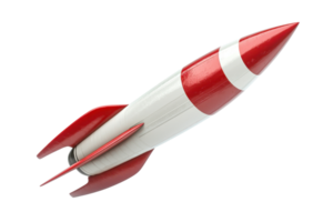 A sleek, vintage-style rocket model featuring red and white colors, designed with pointed fins and a smooth, aerodynamic shape. png