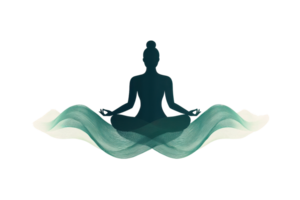 A meditative figure sits cross-legged, radiating calmness, surrounded by flowing, wave-like elements. png