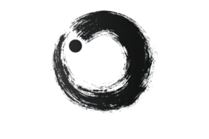 A circular brushstroke forming an incomplete loop, with a small dot inside, conveying simplicity and balance. png