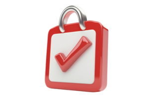 3D illustration of a red padlock with checkmark, symbolizing security and approval. Ideal for concepts of protection and verification. png