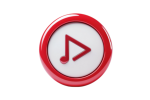 3D red music play button icon isolated on transparent background. Symbolizes audio, sound, or media control in digital interfaces and applications. png