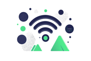 A stylized design featuring wireless signal waves, geometric shapes, and mountain-like forms in vibrant colors. png