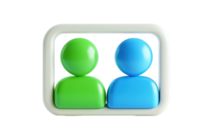 Two stylized figures in green and blue are framed, symbolizing connection and communication. png