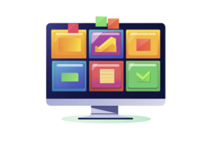 A computer monitor displaying colorful app icons arranged in a grid layout. png