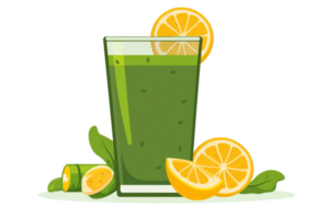 A refreshing green beverage garnished with lemon slices and cucumber, served in a tall glass on a plate. png