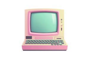 A retro-style pink computer with a screen and keyboard, showcasing vintage design elements and a nostalgic aesthetic. png