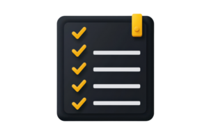 A checklist icon featuring a dark square with yellow checkmarks and a tab for organizing tasks. png