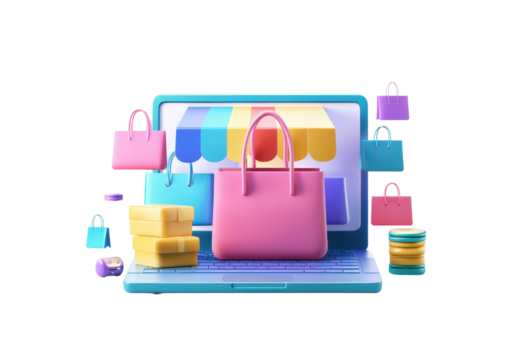 3d ilustração do conectados compras com colorida compras bolsas, moedas, e uma computador portátil, representando comércio eletrônico e digital varejo. png